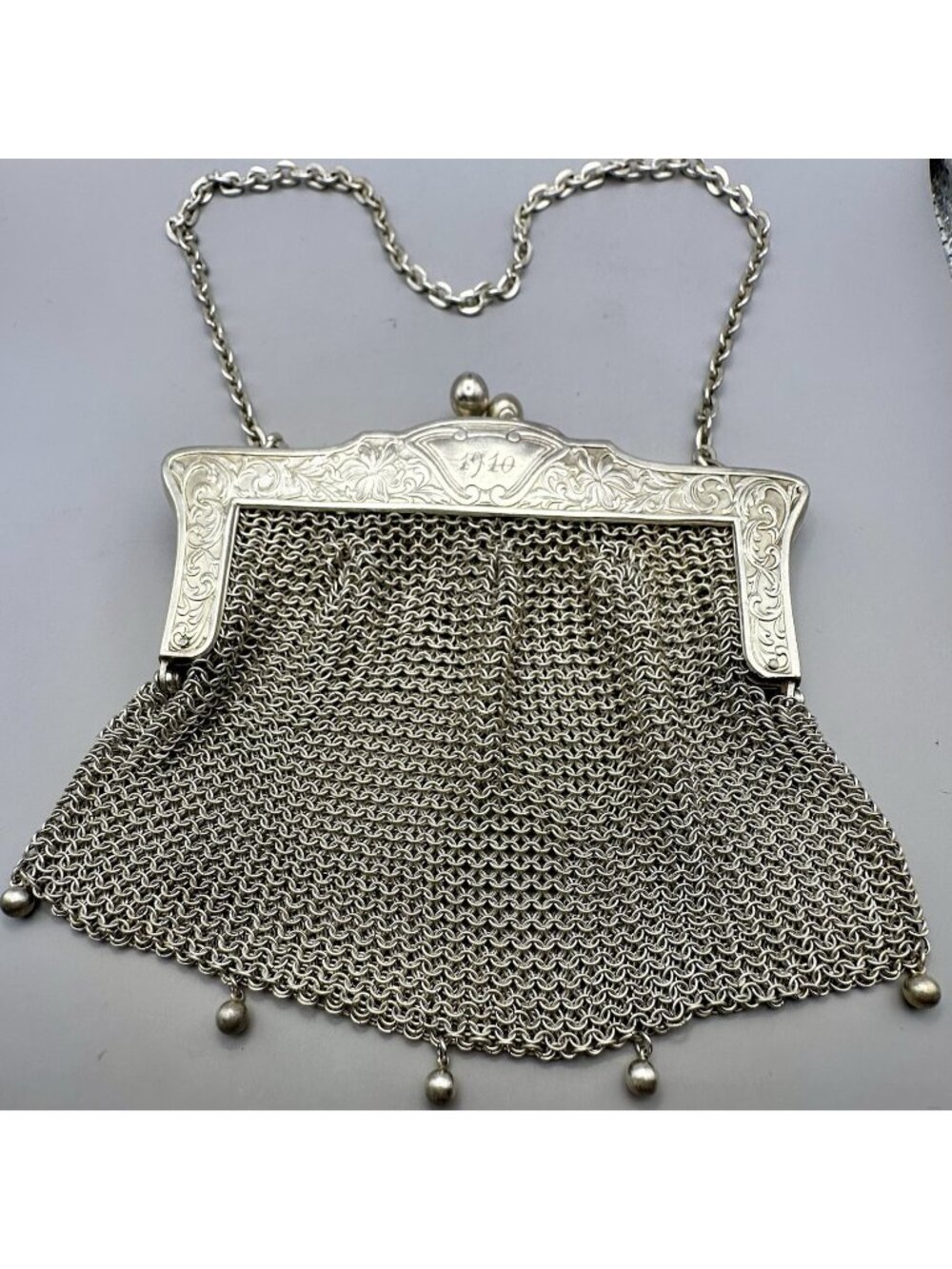Antique James E Blake Silver Mesh Purse Flapper Bag Chain Handle Marked 1910
